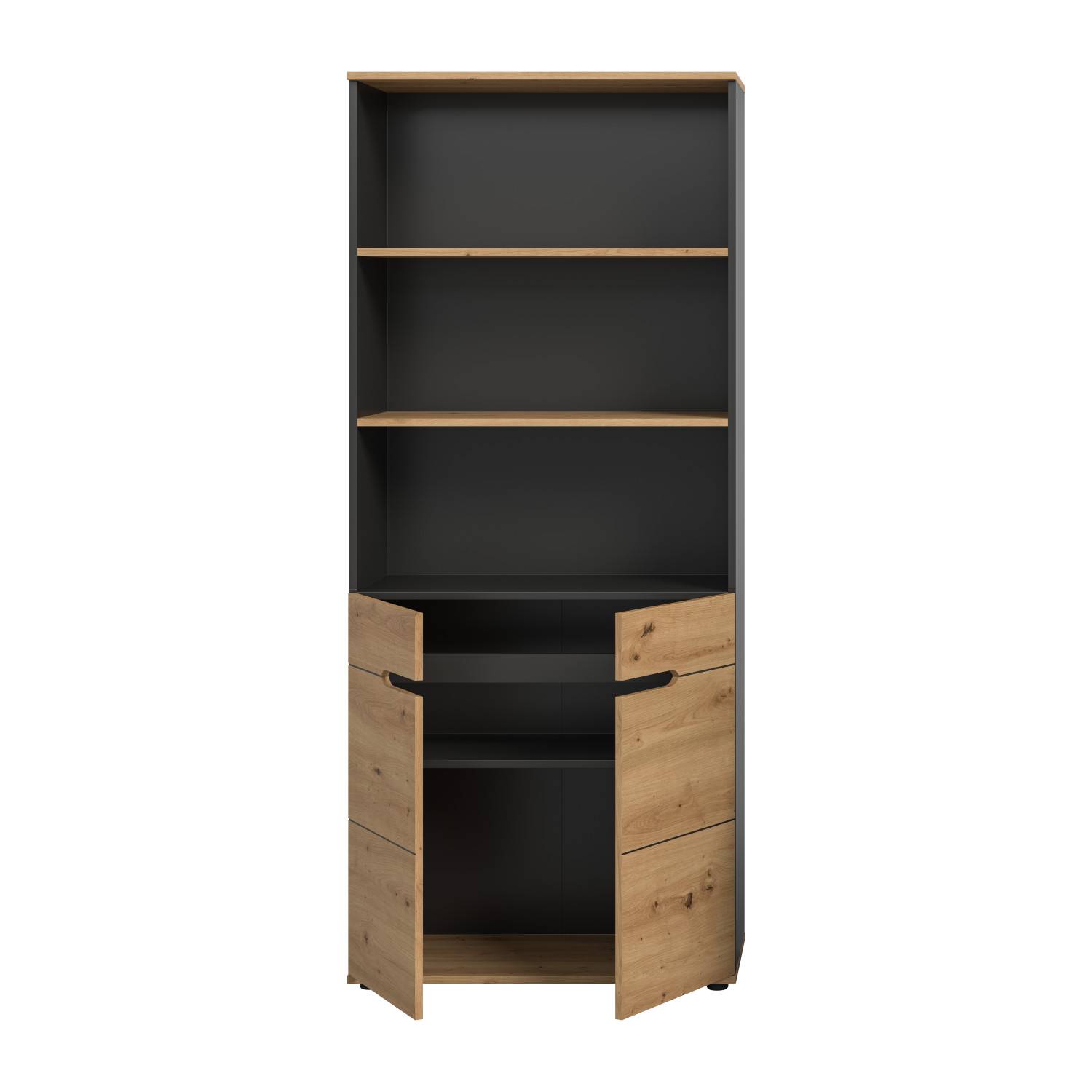Büroschrank in Artisan Nachbildung und Basaltgrau mit geöffneten Türen und leeren Regalfächern – Irysma