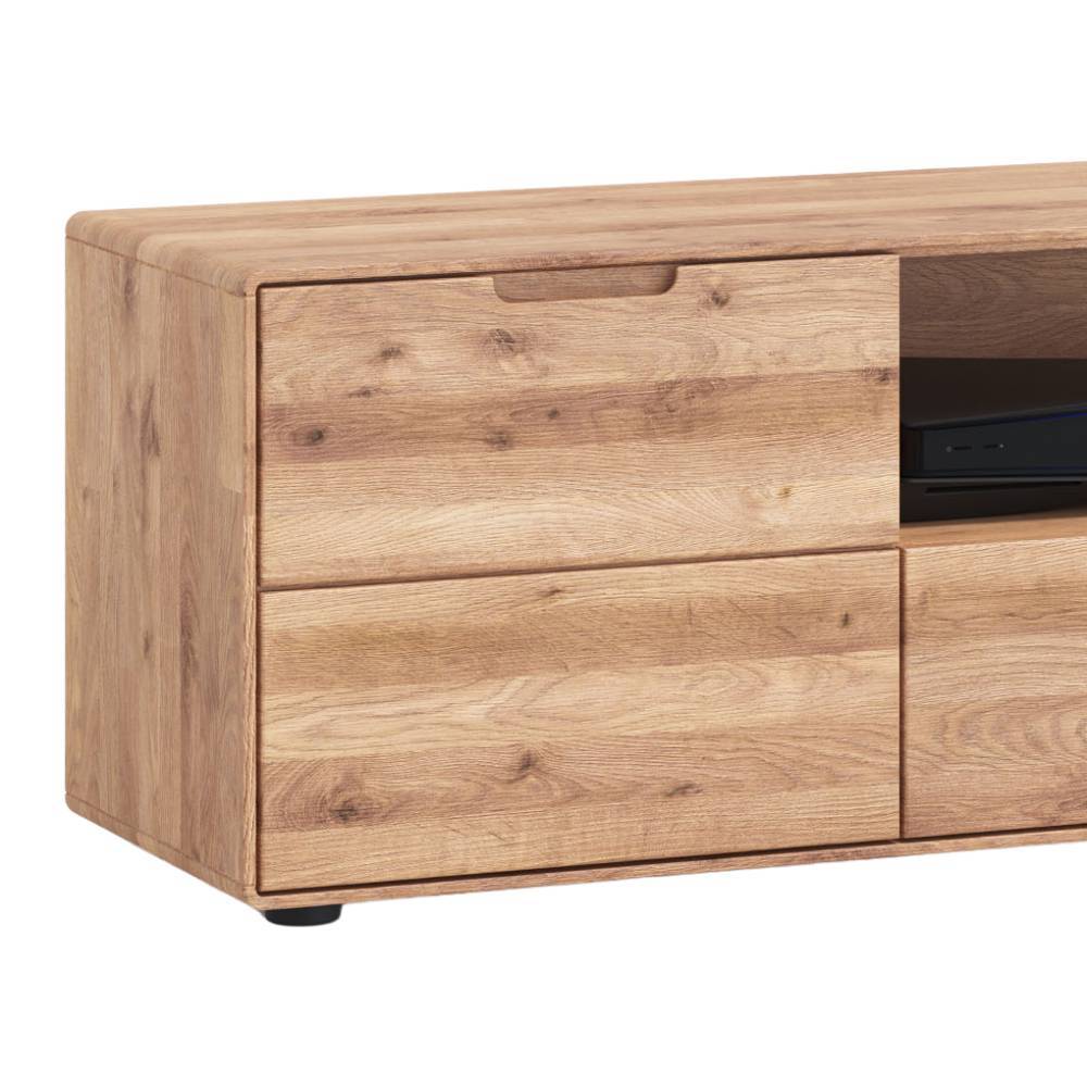 Linke Seite des TV Boards aus Wildeiche mit Schublade und Tür – Holiday