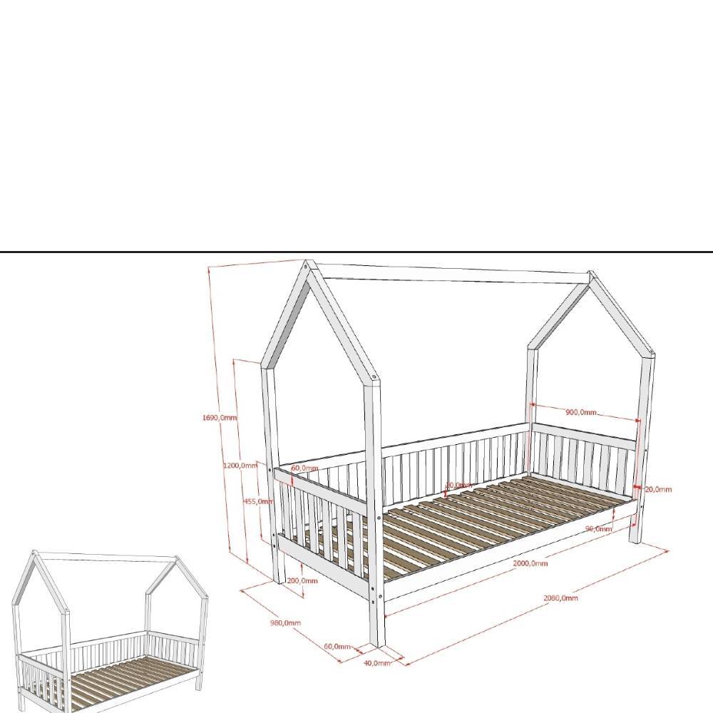 Hausbett Kinderbett aus Holz Maße und Abmessungen technische Zeichnung – Ektuala