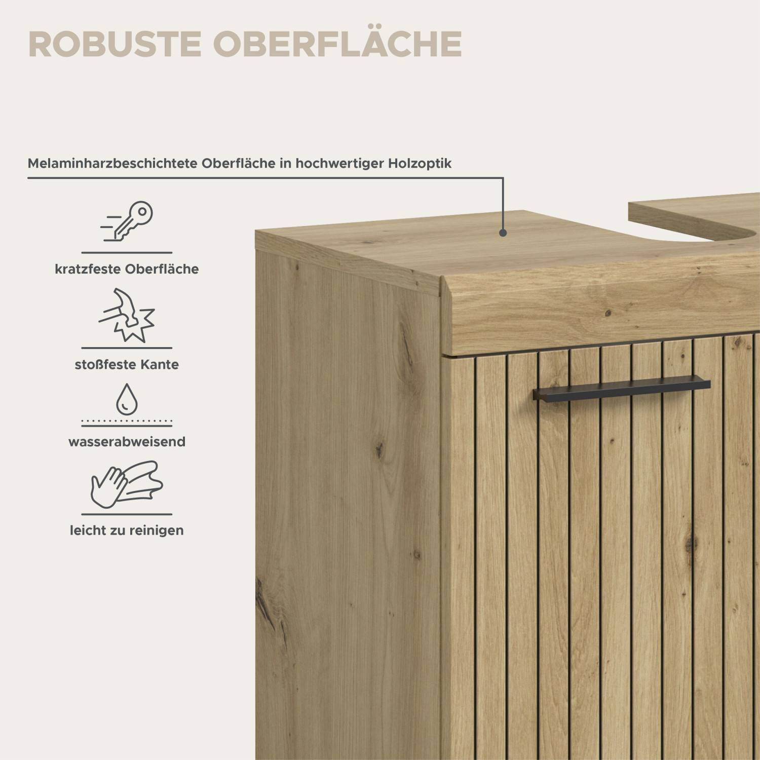 Waschtischunterschrank mit robuster, kratzfester und wasserabweisender Melaminharzbeschichtung Lasewood