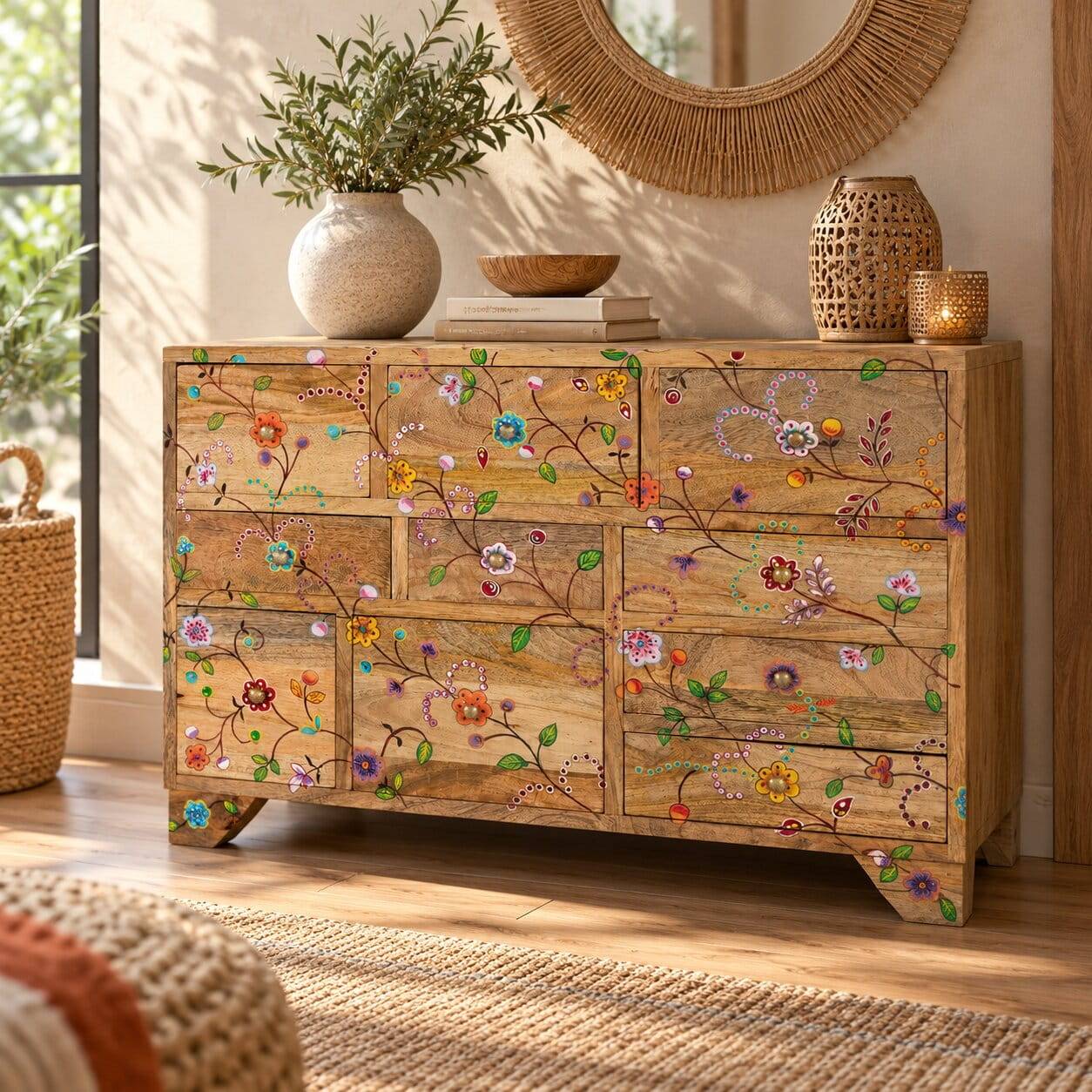 Massivholz-Kommode mit Blumen-Malereien - Resceta