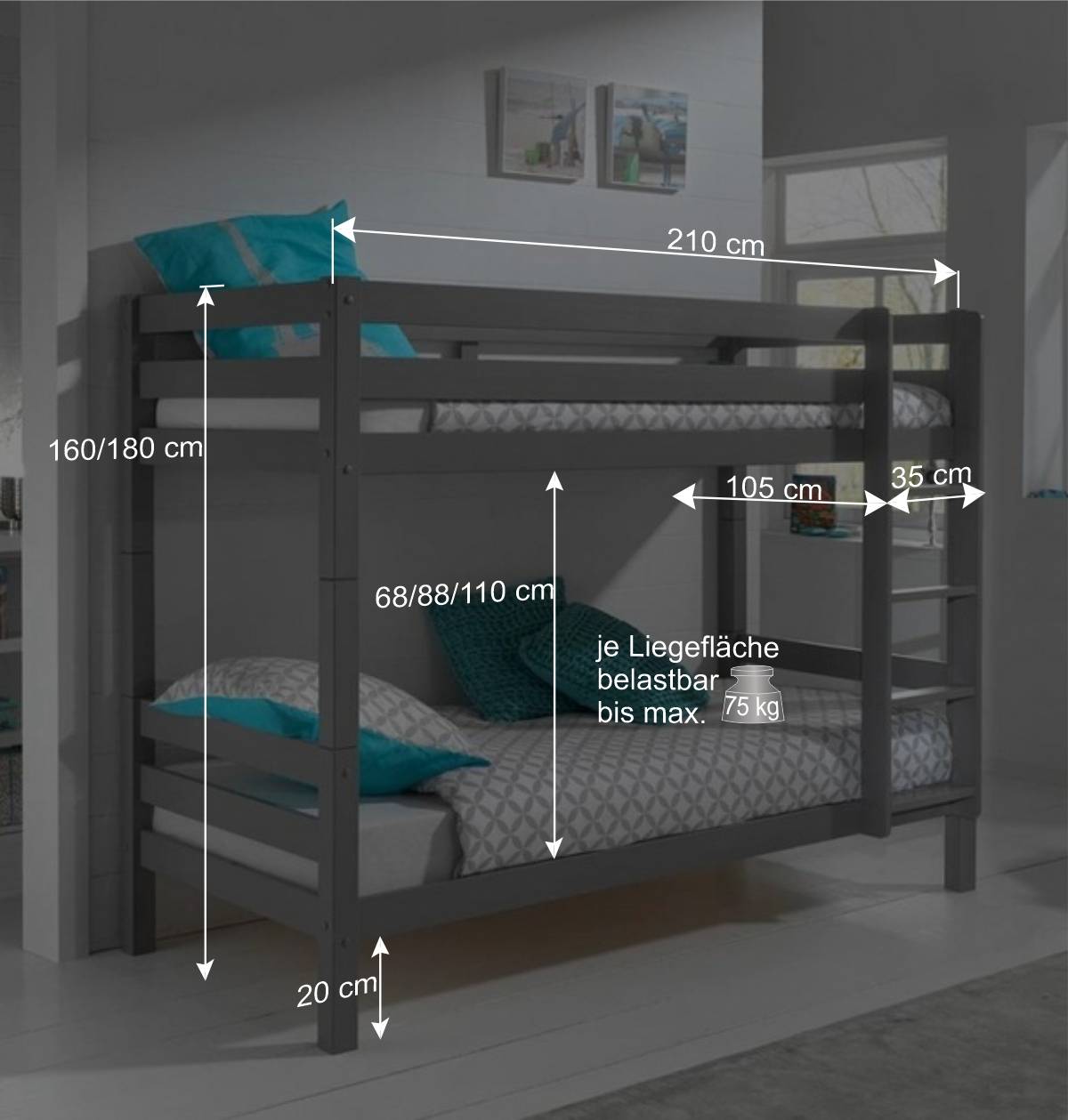 Graues Stockbett Etagenbett in drei Höhen - Vadromo