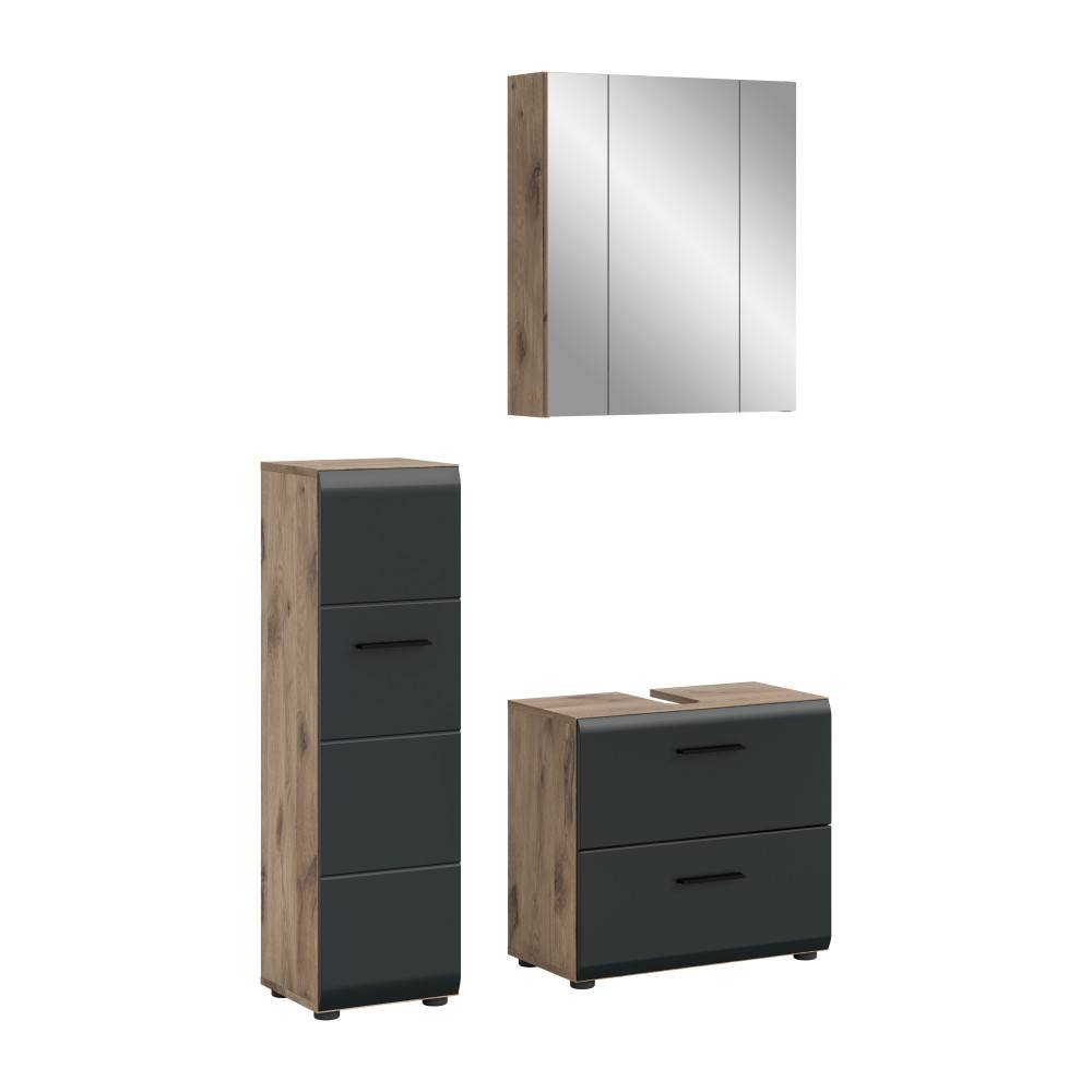 Dreiteiliges Badmöbel-Set mit geschlossenem Waschtischunterschrank, Hochschrank und Spiegelschrank – Karina