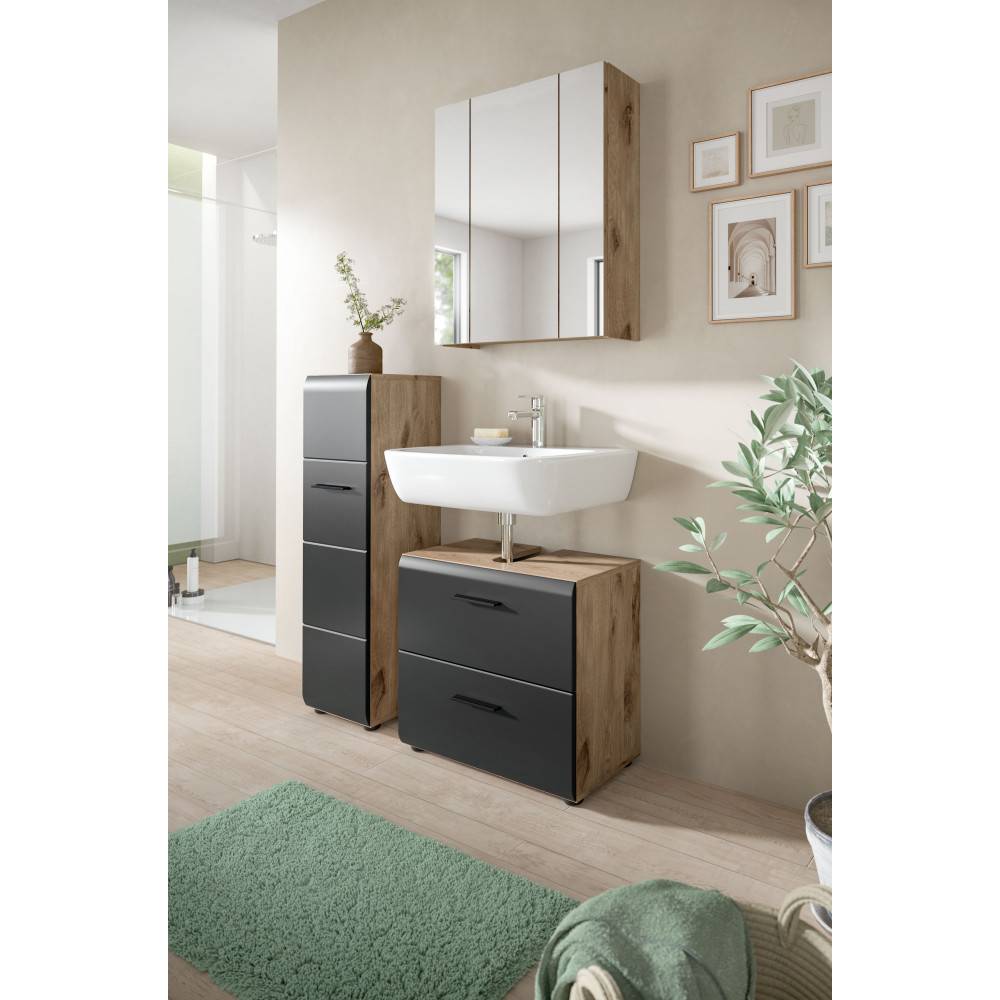 Modernes dreiteiliges Badmöbel-Set mit Waschtischunterschrank, Hochschrank und Spiegelschrank im Badezimmer – Karina