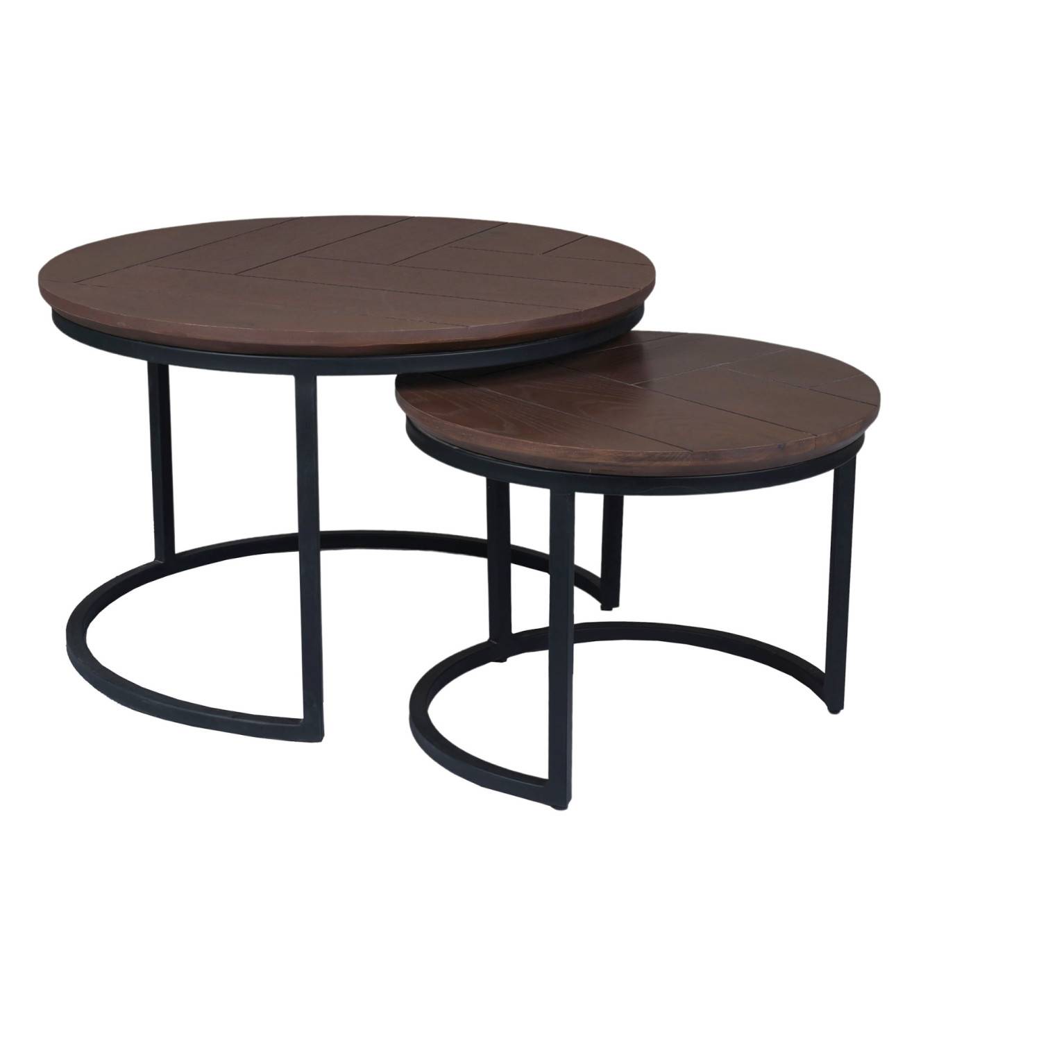 Modernes Beistelltisch 2er Set mit runden Holzplatten und schwarzem Metallrahmen – Pucanty