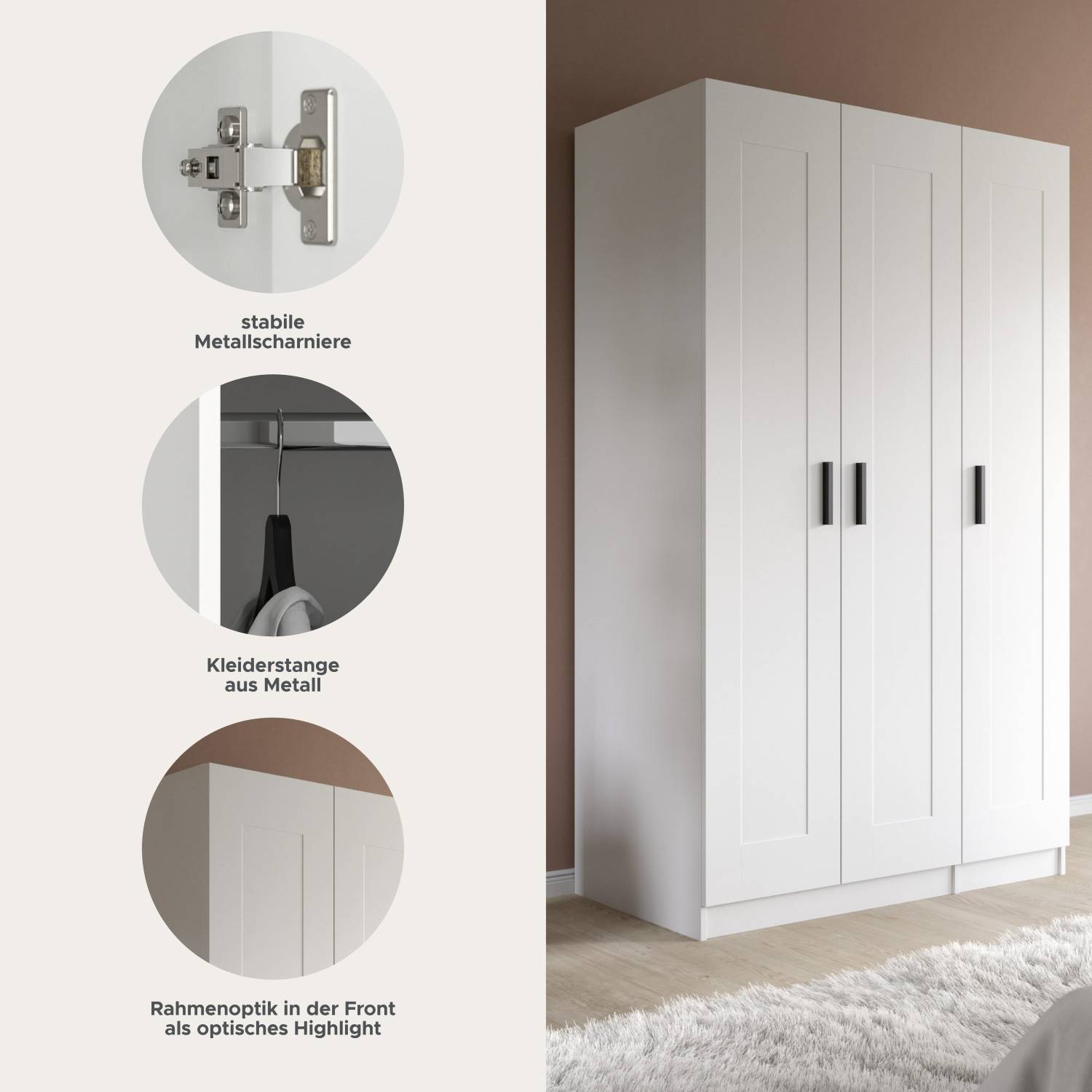 Drehtürenschrank Bilbo I mit stabilen Metallscharnieren, Kleiderstange und Rahmenoptik – Bilbo