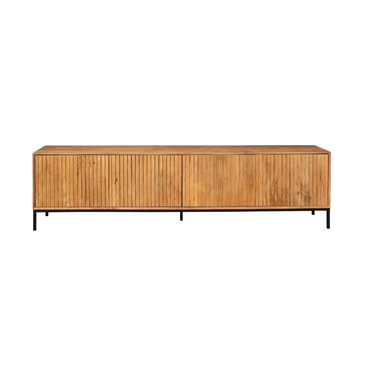Modernes TV Sideboard mit Lamellenfront aus Mangoholz auf schwarzem Metallrahmen für das Wohnzimmer – Kojas