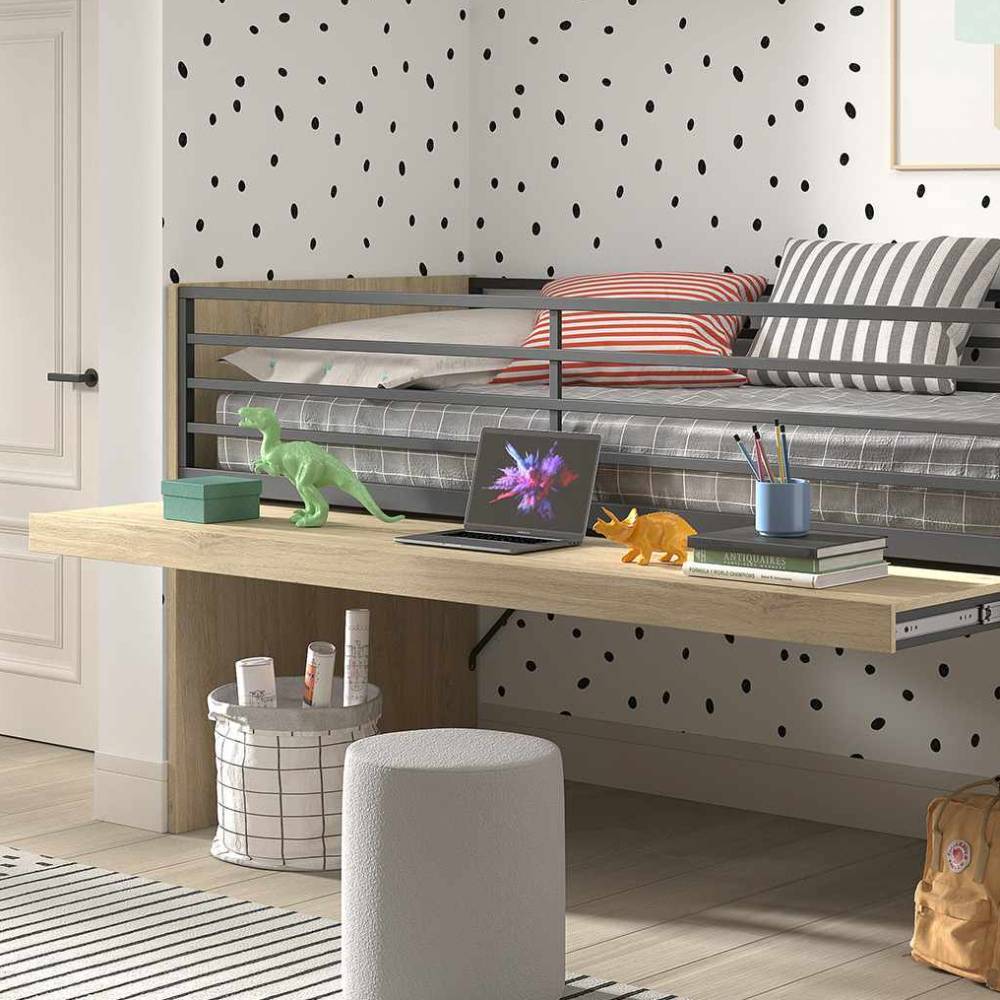 Modernes Hochbett mit integriertem Schreibtisch und schwarzem Metallgeländer für das Kinderzimmer – Choice