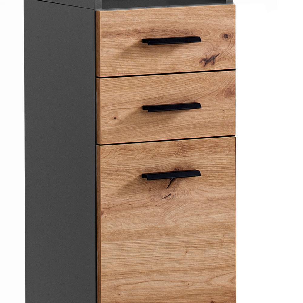 Hochschrank mit drei Schubladen in Wildeiche Optik und eleganten schwarzen Griffen für das Bad – Plicardo
