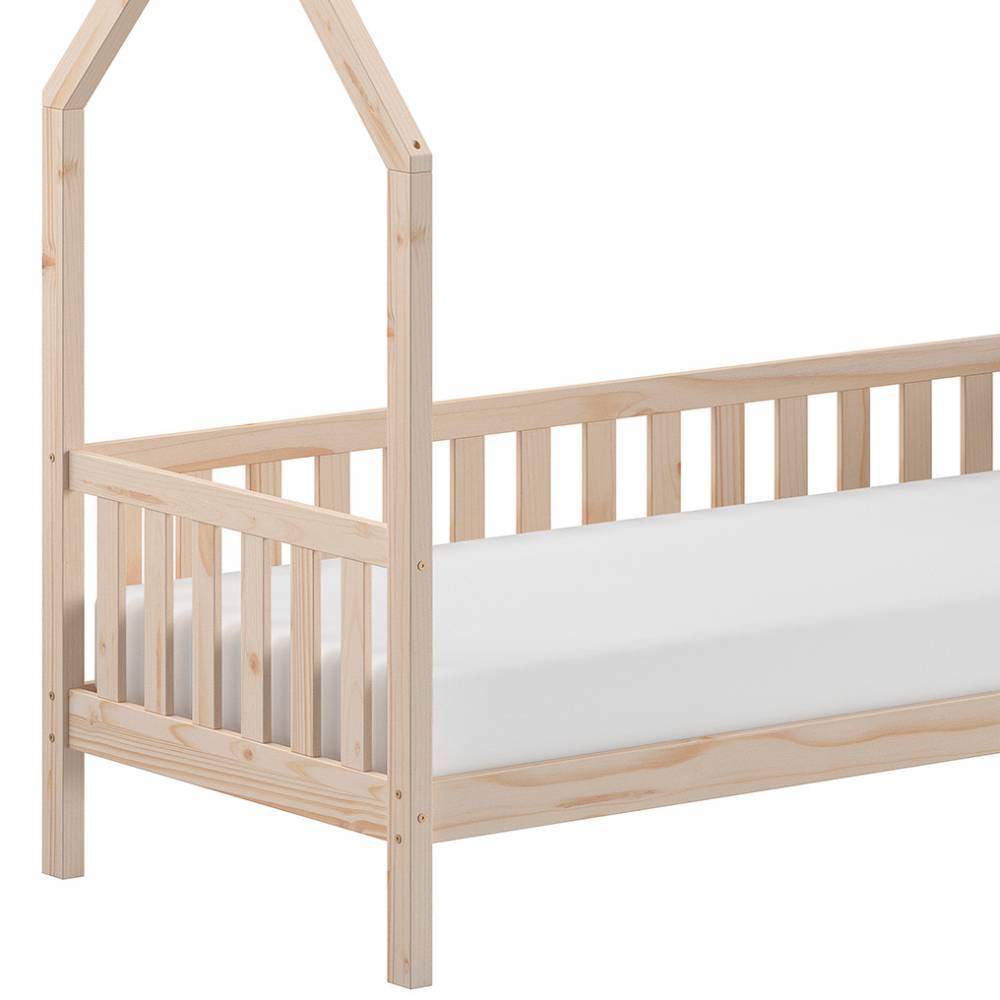 Naturbelassenes Kinderbett aus Massivholz in Hausform mit Gitterseiten – Pacificon