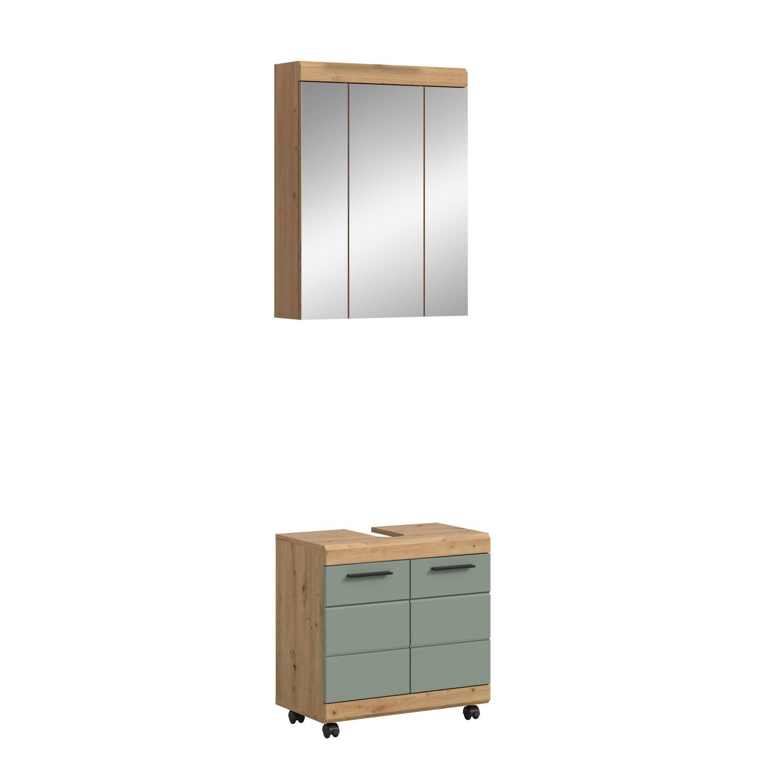 Kompaktes Waschplatz Set mit Spiegelschrank und Waschtischunterschrank in Eiche und Grau – Tamdato