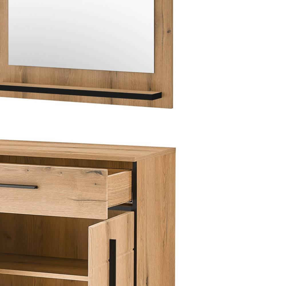Offener Hochschrank mit Schublade und Tür sowie passendem Wandspiegel in heller Holzoptik – Moviess