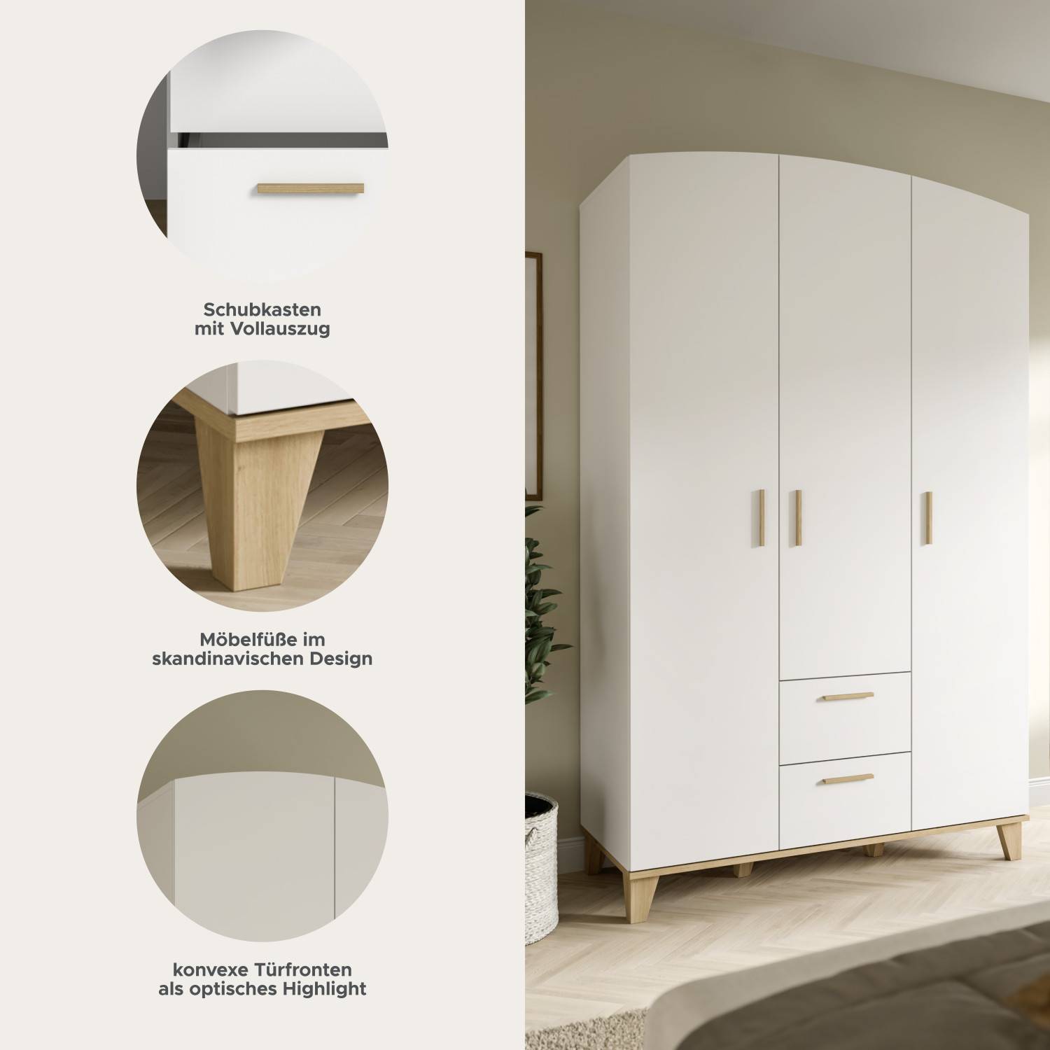 Drehtürenschrank Details mit Vollauszug Schubkästen, skandinavischen Möbelfüßen und konvexen Türfronten – Lefona