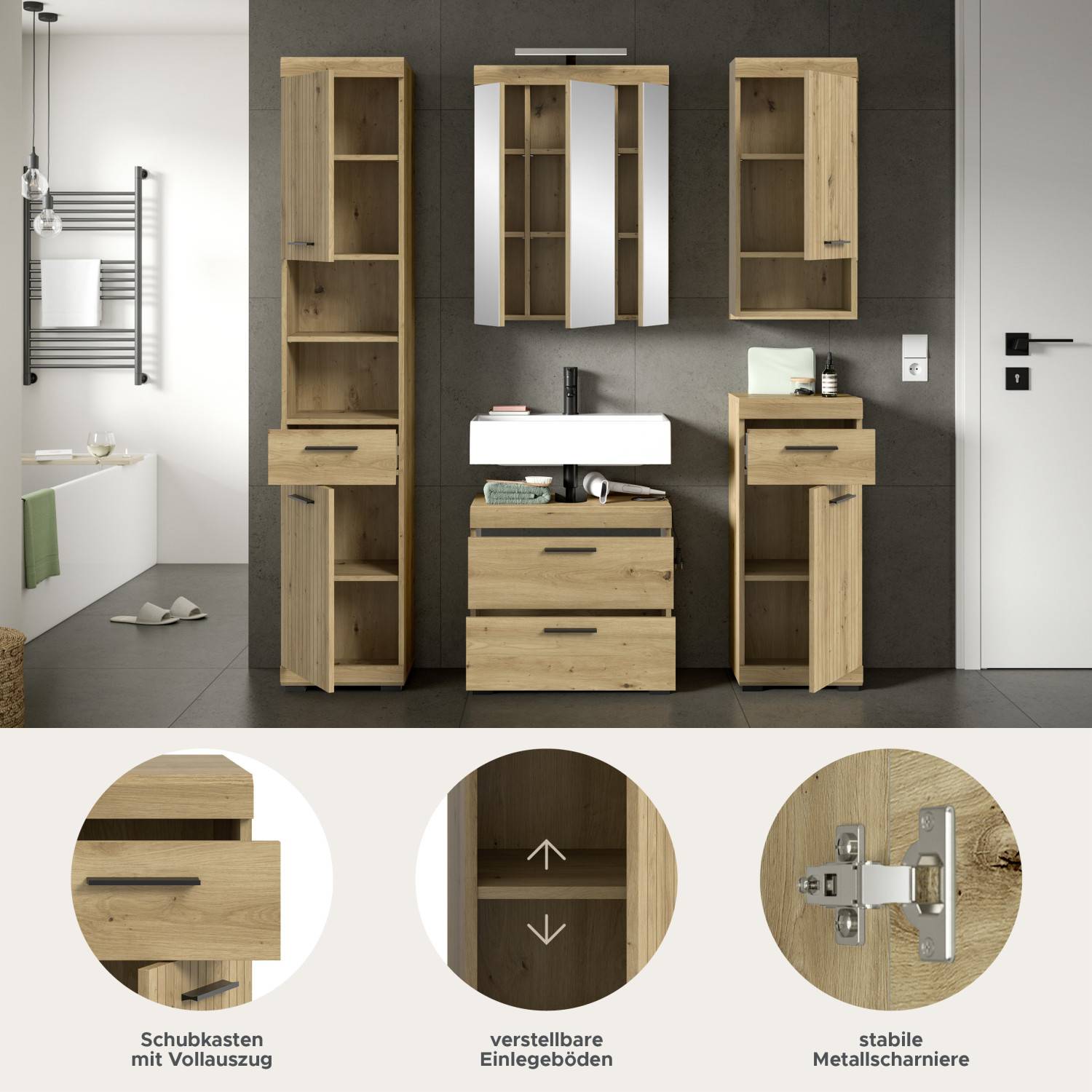 Badezimmermöbel-Set mit Vollauszug Schubkästen, verstellbaren Einlegeböden und stabilen Metallscharnieren – Lasewood