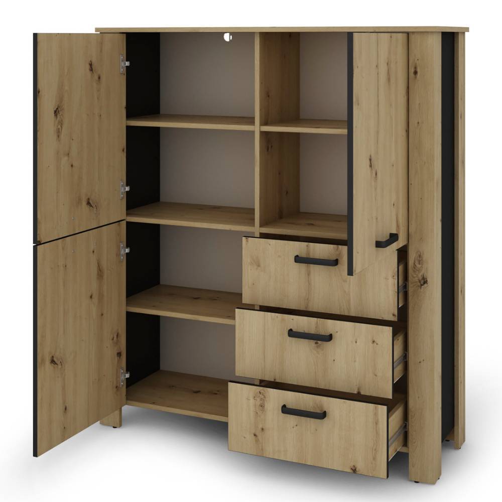 Highboard in Wildeichefarben geöffnet mit vielen Ablagefächern und ausziehbaren Schubkästen – Monte
