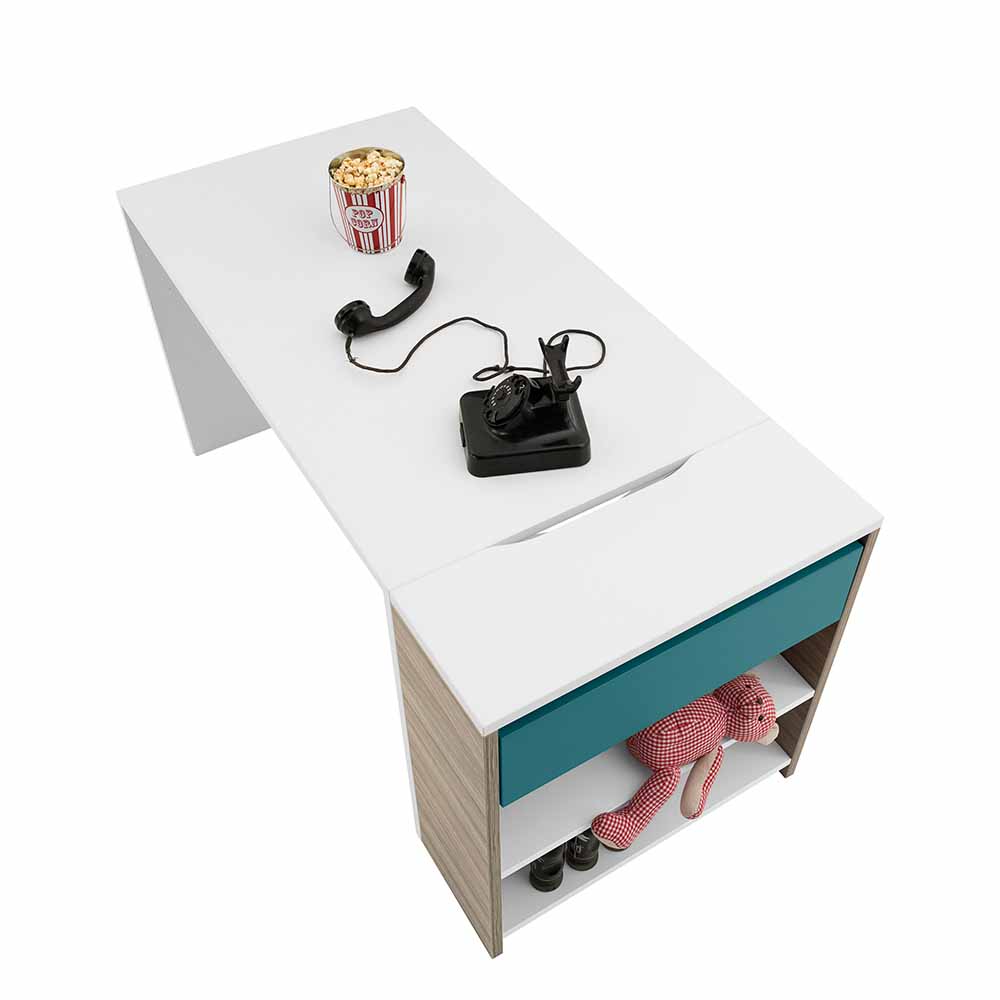 Weißer Schreibtisch Enrys mit Holzdekor und Petrol