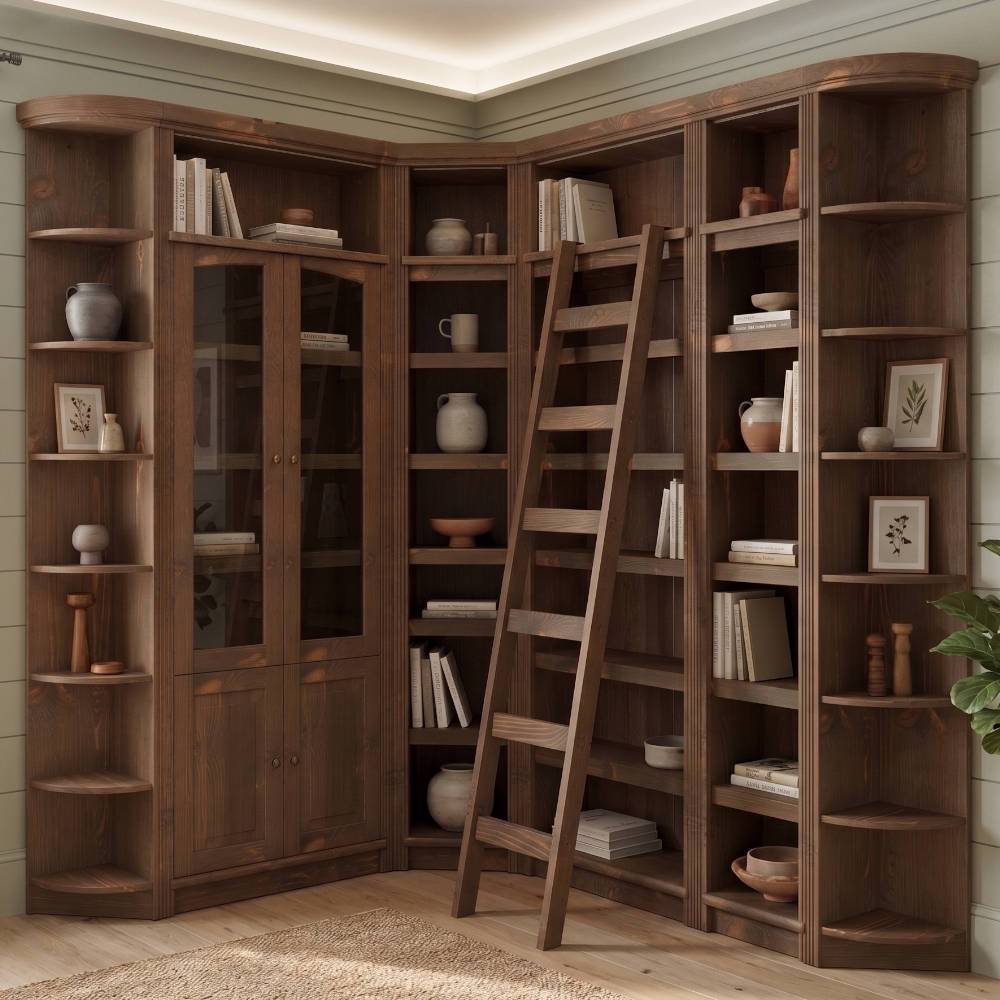 Dunkelbraunes Bücherregal im Landhausstil als Teil einer großen Ecklösung mit Leiter – Nizina