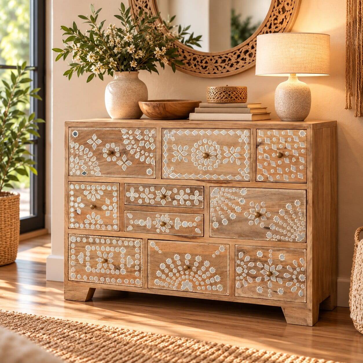 Holz Kommode mit weißen Motiven - Flyrelia