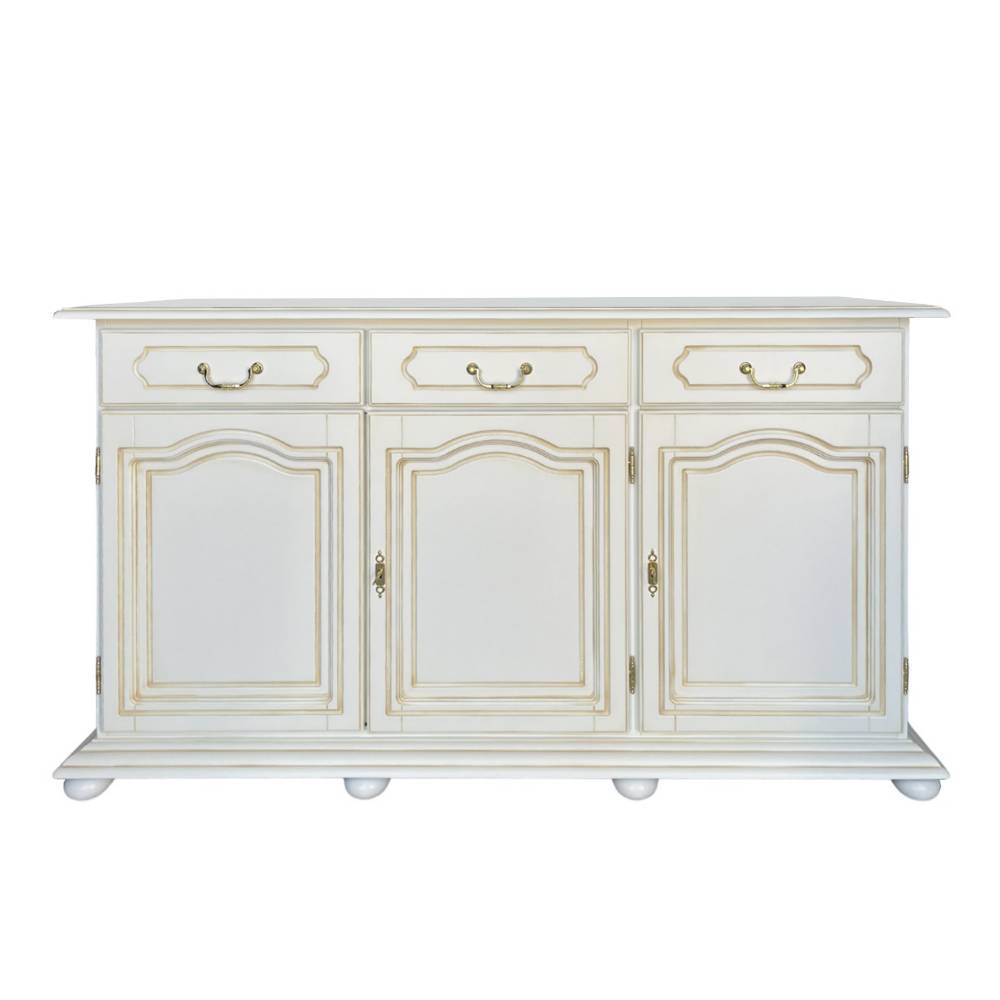 Antikweißes teilmassives Sideboard mit geschlossenen Türen, drei Schubladen und goldenen Griffen – Cognac