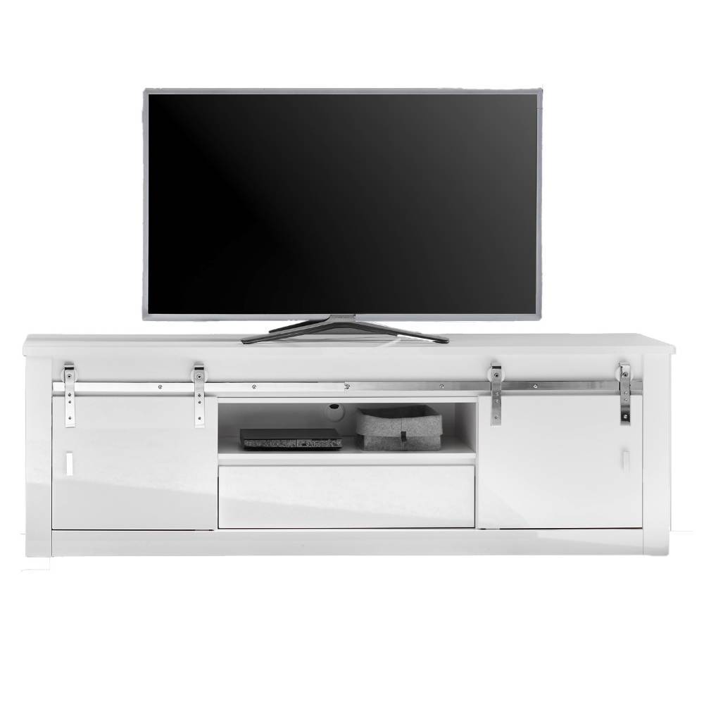 Weißes TV-Lowboard mit integriertem Fernseher, Schiebetüren und offenem Fach für Mediengeräte – Memphys