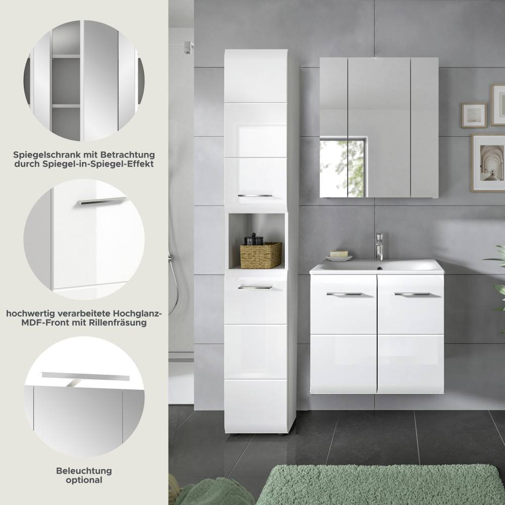 Merkmale des Badezimmer-Sets: Spiegelschrank, Hochglanz-MDF-Front mit Rillenfräsung, Beleuchtung – Clona