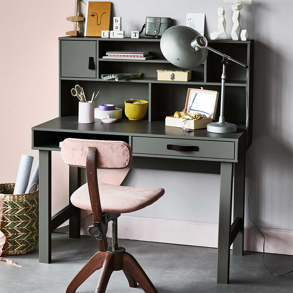 122x58 Schreibtisch mit Aufsatz in Graugrün aus Kiefer Massivholz - Daraon