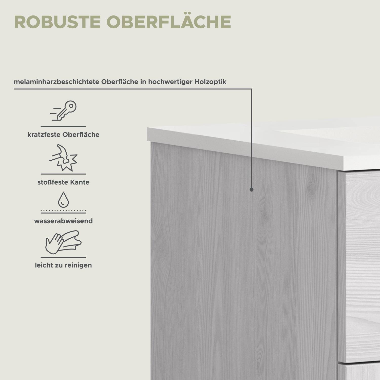 Robuste, kratzfeste und wasserabweisende Oberfläche der Badmöbel in hochwertiger Holzoptik, leicht zu reinigen – Tocella