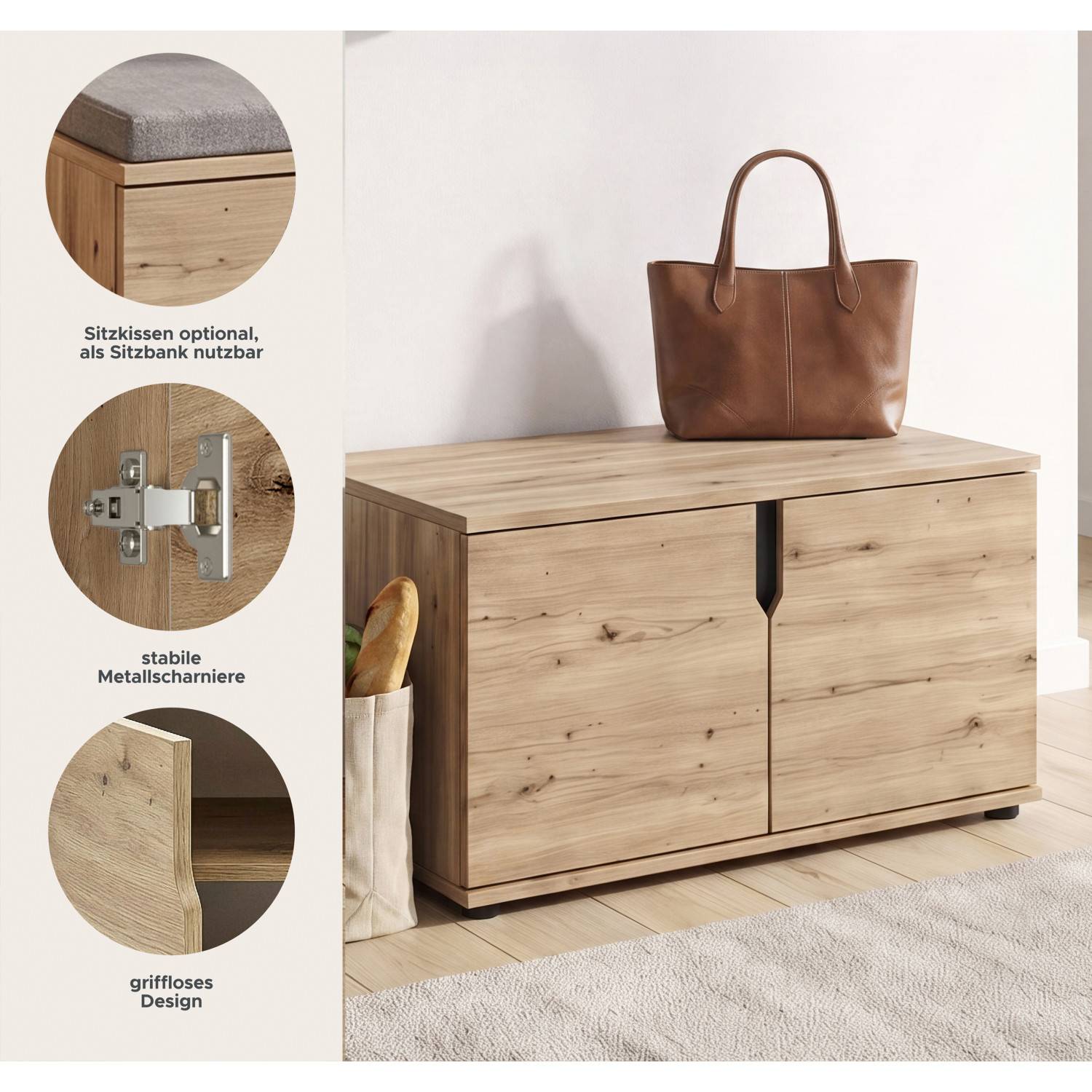 Schuhbank Wildeiche Optik mit optionalem Sitzkissen, stabilen Scharnieren und grifflosem Design – Omy