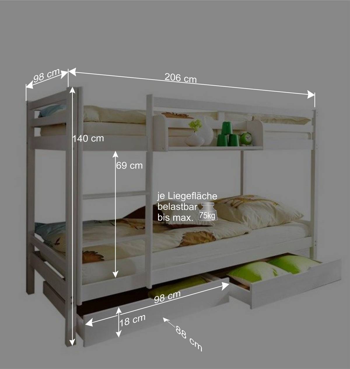 Weißes Etagenbett mit 2 Bettkästen - Tyler