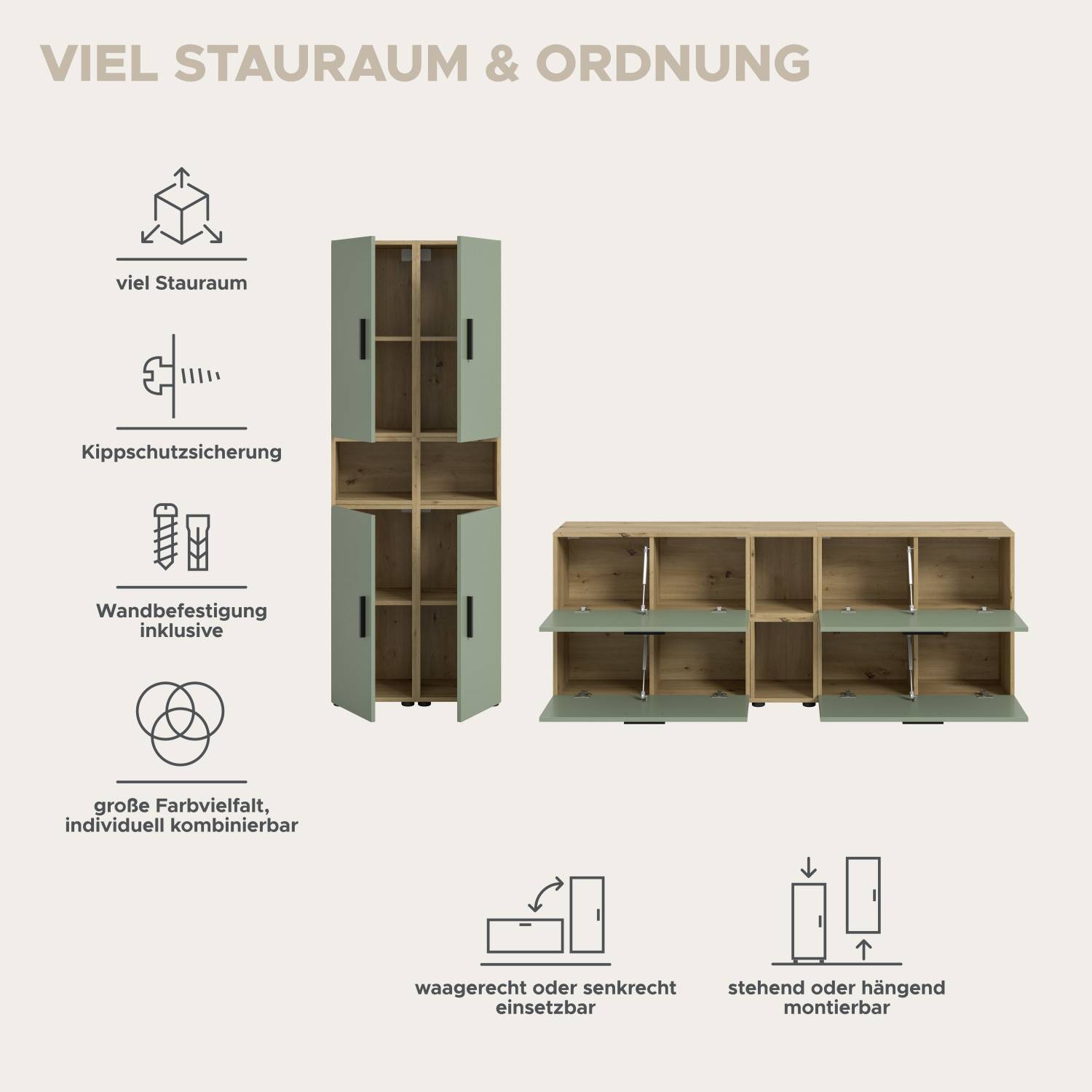 Anbauwand Jonni mit viel Stauraum, Kippschutz und flexiblen Montagemöglichkeiten – Jonni