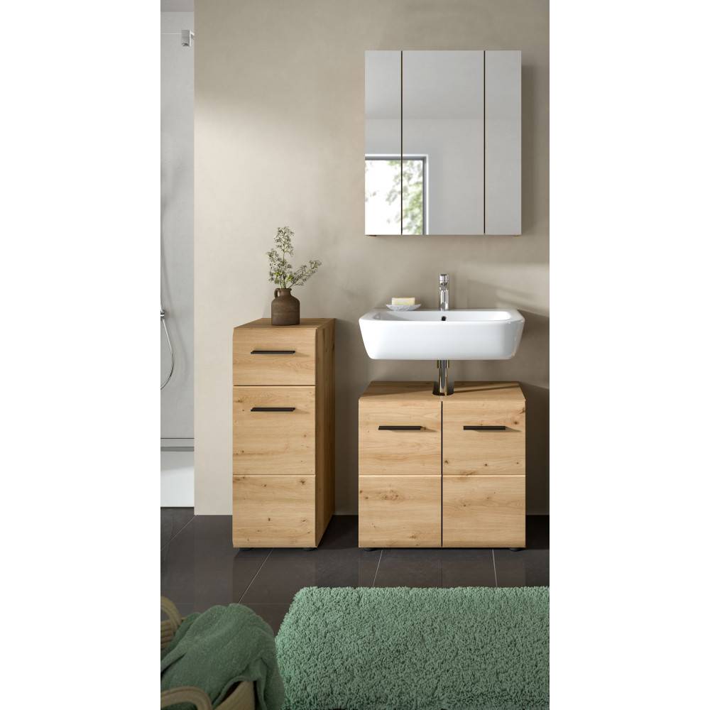Modernes Badezimmer Set mit Waschtischunterschrank, Hochschrank und Spiegelschrank Eiche Optik – Canopus