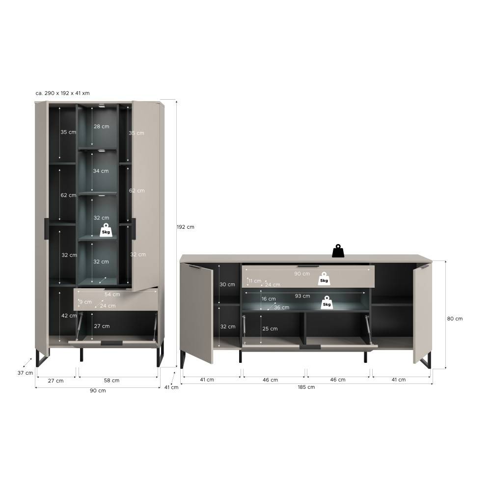 Maße und Abmessungen der zweiteiligen Anbauwand mit Hochschrank und TV-Lowboard – Ostinia
