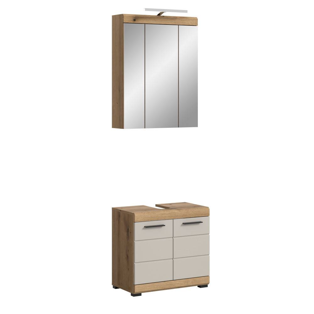 Zweiteiliger Waschbeckenschrank mit Schubladen und Spiegelschrank mit Beleuchtung in heller Holzoptik – Casserra