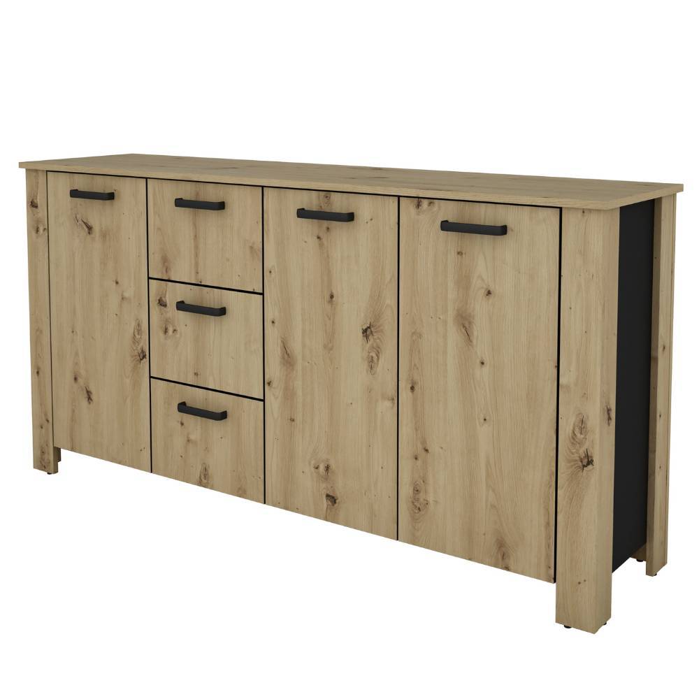Geräumiges Sideboard in Wildeichefarben mit schwarzem Seitenakzent für das Wohnzimmer – Monte