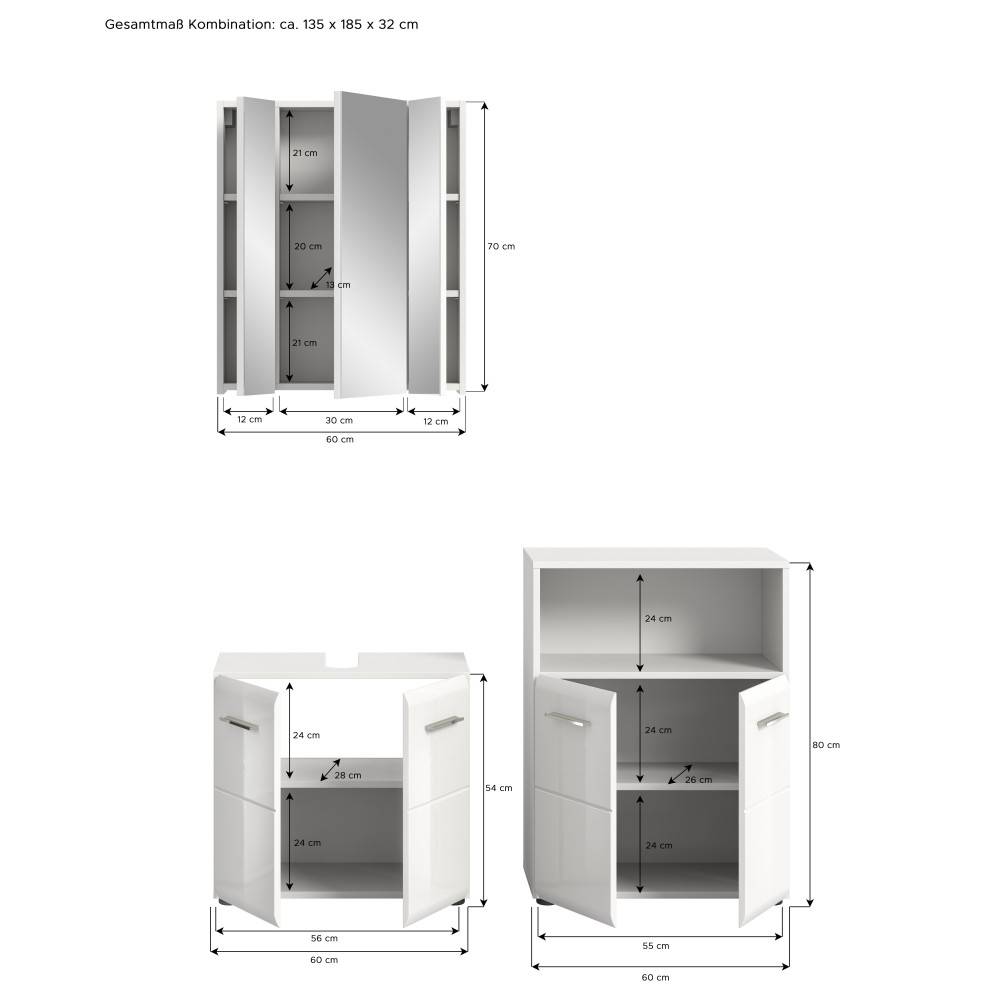 Badmöbel-Kombination Maße und Abmessungen für Spiegelschrank, Waschtischunterschrank und Hochschrank – Clona