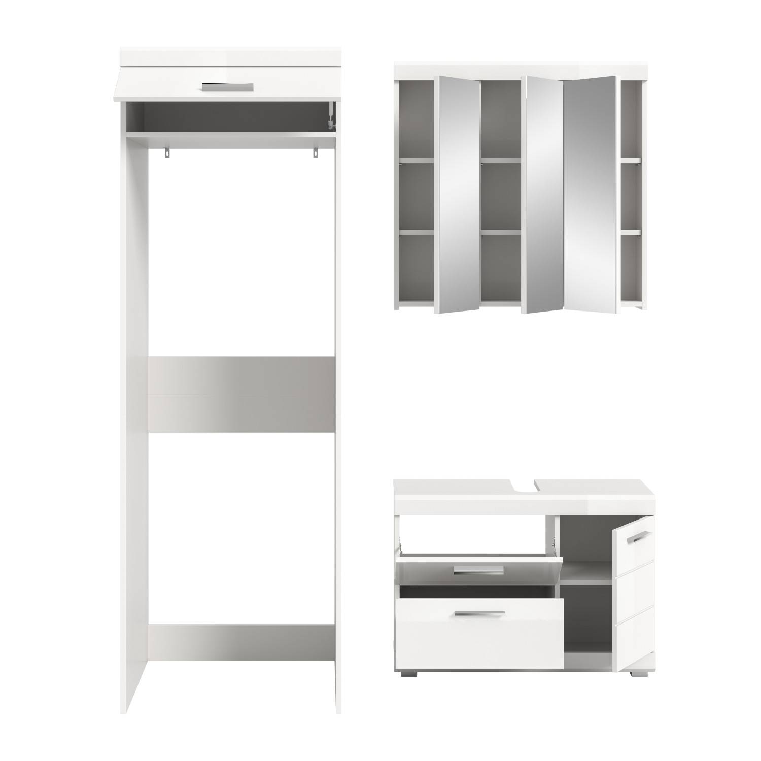 Weißes Badezimmermöbel Set bestehend aus Hochschrank, Spiegelschrank und Waschbeckenunterschrank – Nanila