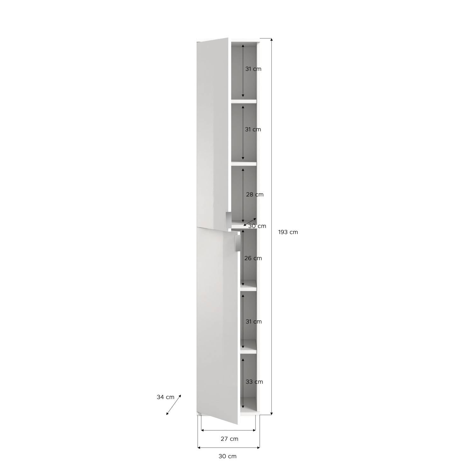 Schmaler Hochschrank des Dielensets in Weiß mit detaillierten Maßen und Innenaufteilung – Pretty