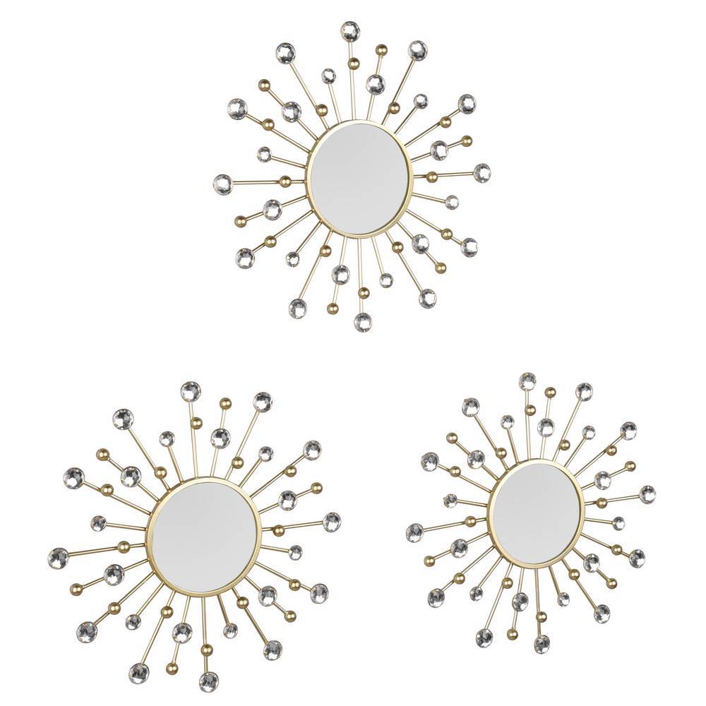 Dekoratives Wandspiegel 3er Set in Gold mit funkelnden Kristall-Strahlen für Wohnzimmer – Linvares