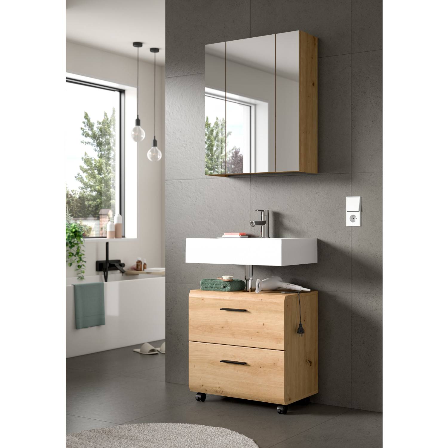 Rollbarer Badezimmer-Unterschrank mit zwei Schubladen und Waschbecken – Canopus