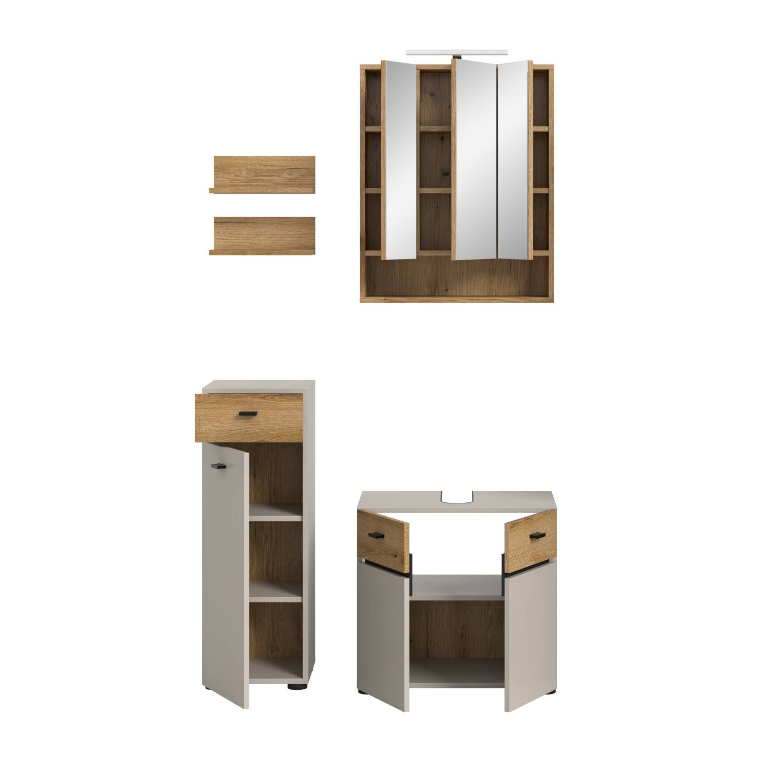Fünfteiliges Badezimmermöbel Set in Holzoptik mit Spiegelschrank, Hochschrank und Waschtischunterschrank – Majoristo