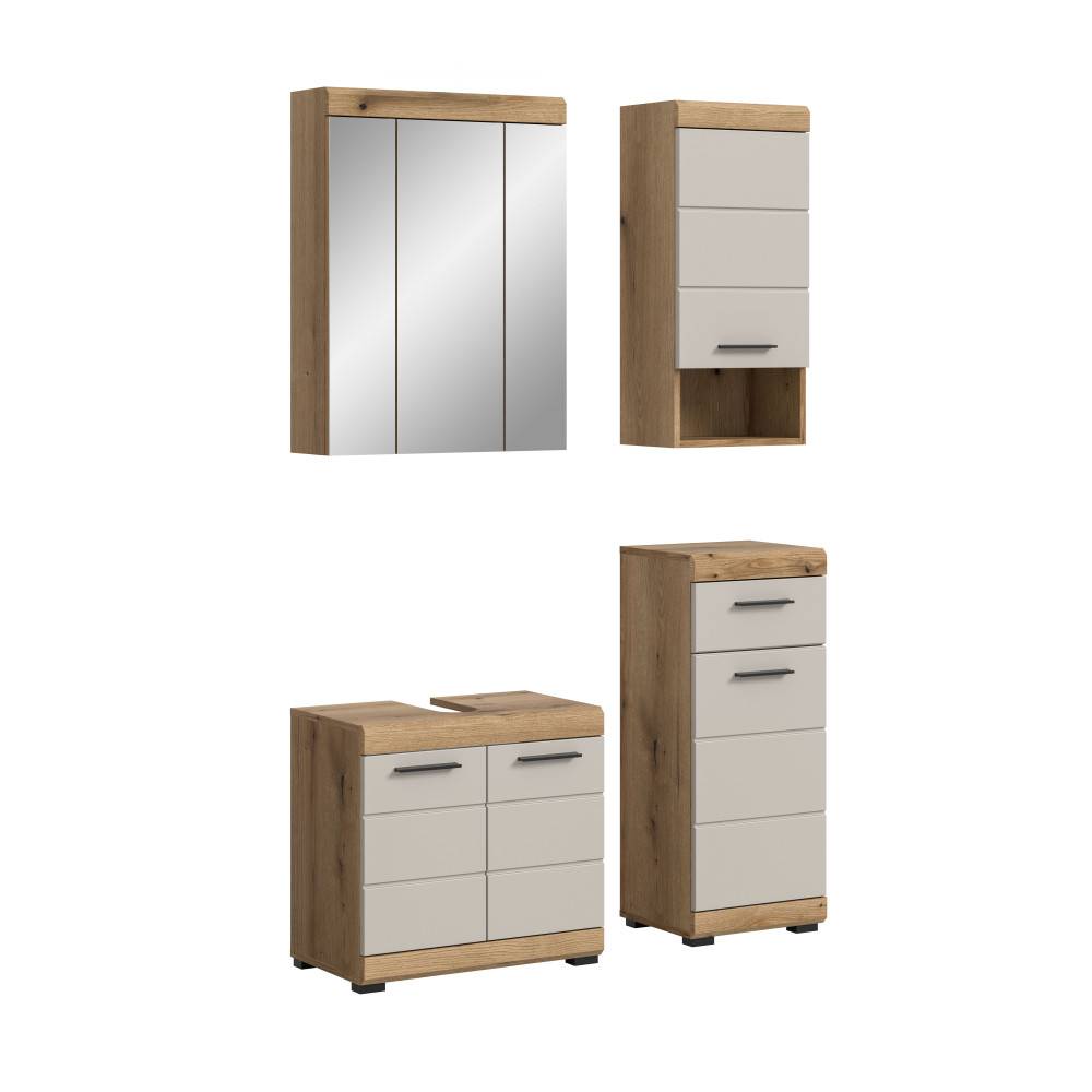 Geschlossener Spiegelschrank, Hochschrank, Waschbeckenunterschrank und Kommode in Holzoptik und Weiß – Casserra