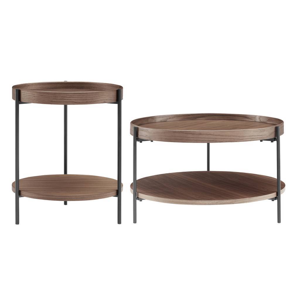 Zweiteiliges Set aus runden Couchtischen mit Walnuss-Ablagen und Metallbeinen – Xose