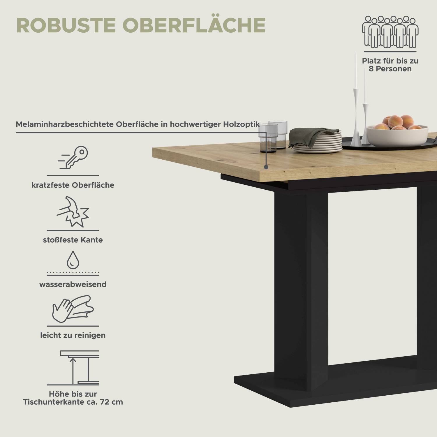 Robuster Esszimmertisch mit kratzfester, pflegeleichter Oberfläche und Platz für bis zu 8 Personen – Norjan