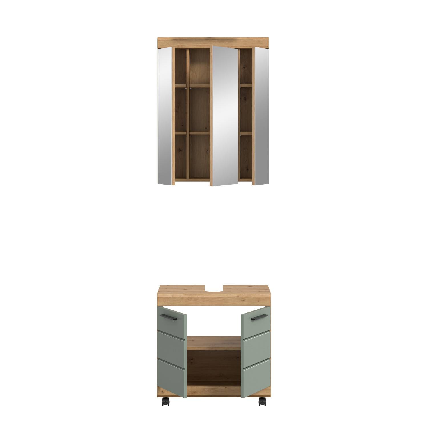 Waschplatz Set mit leicht geöffneten Türen von Spiegelschrank und Unterschrank, Stauraum – Tamdato