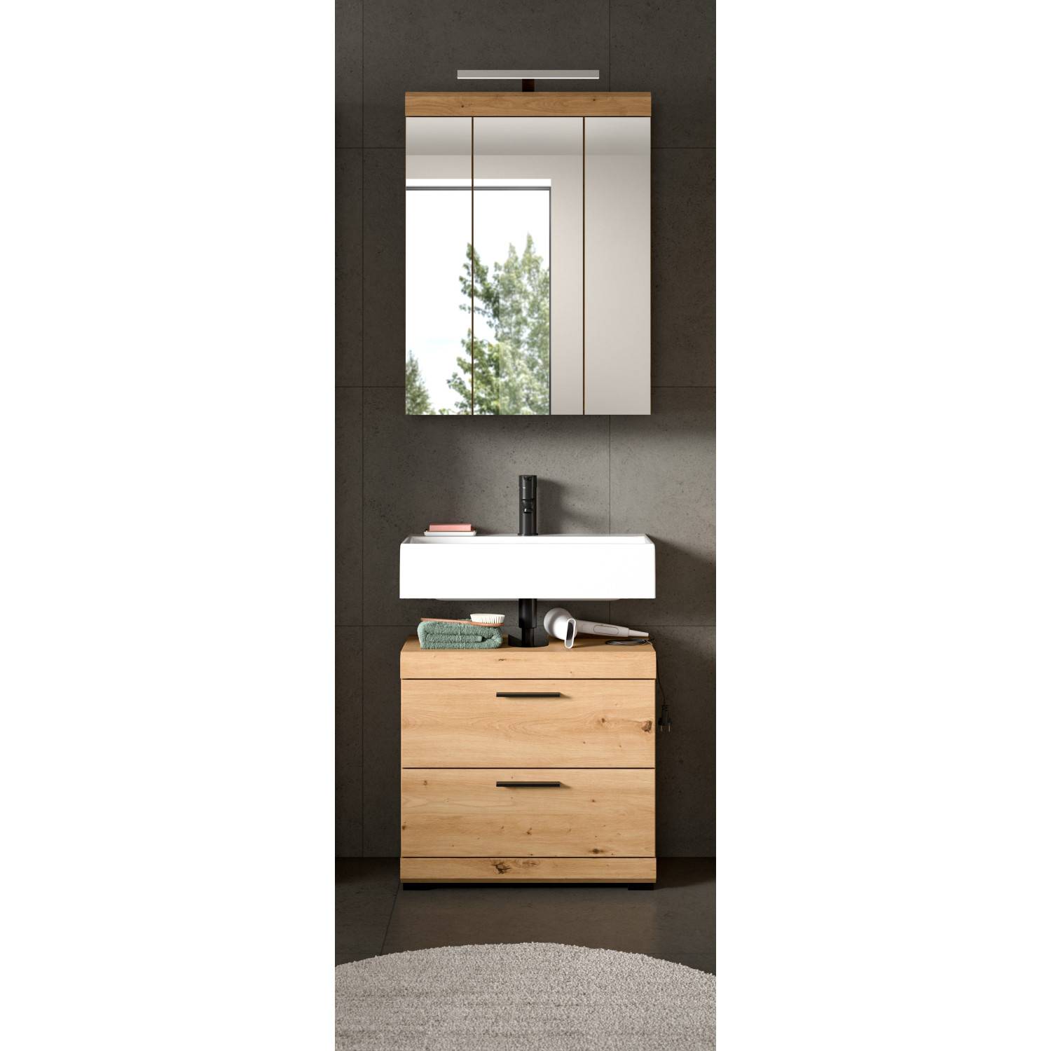 Heller Badspiegelschrank und passender Waschtischunterschrank mit Waschbecken – Lasewood