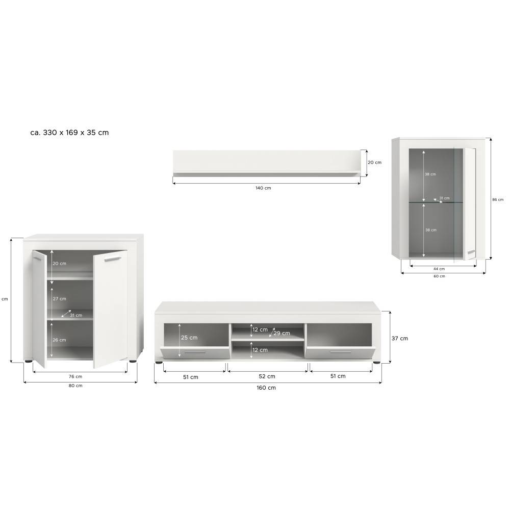 Abmessungen und Maße der 4-teiligen Schrankwand mit TV-Lowboard, Vitrine und Wandregal – Furoro