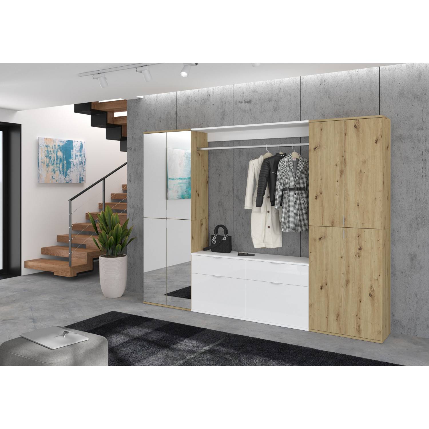 Moderne Kompaktgarderobe in Holzoptik und Weiß mit Spiegeln im Eingangsbereich – Pretty