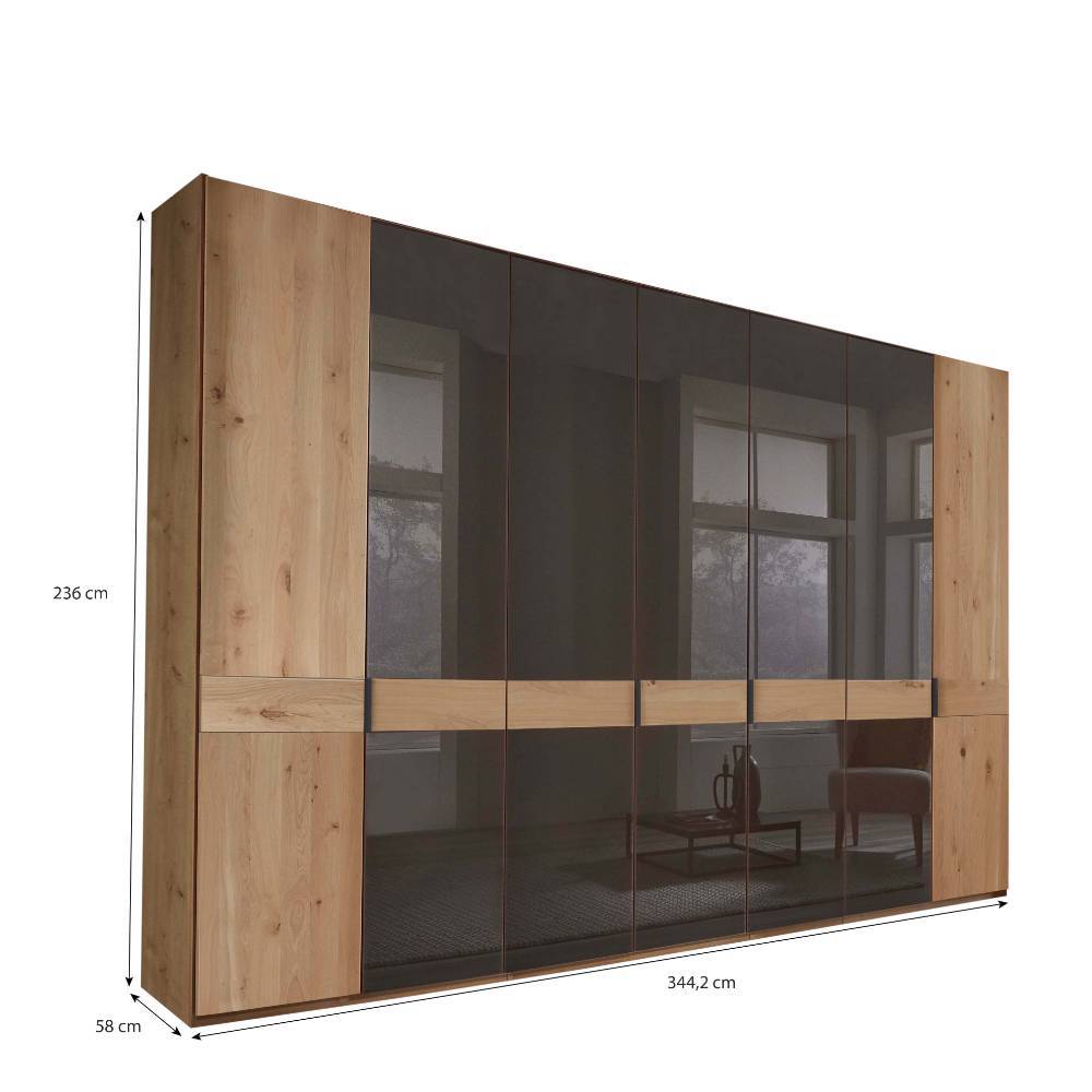 7-türiger Kleiderschrank in Eiche Bianco und Glas mit Maßen 236x344,2x58 cm für das Schlafzimmer – Vutonia