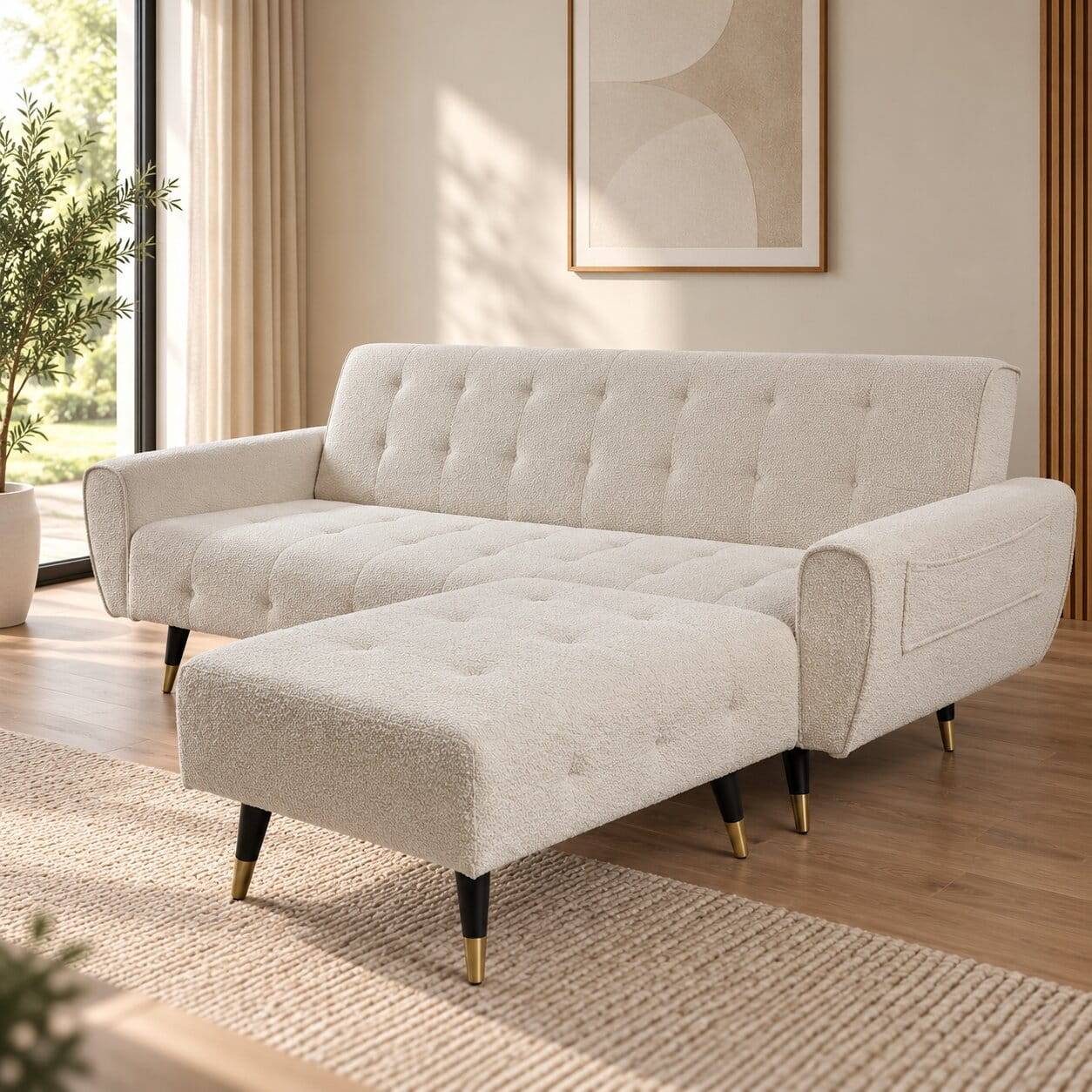 Couch und Hocker Set in Offwhite - Omegon (zweiteilig)