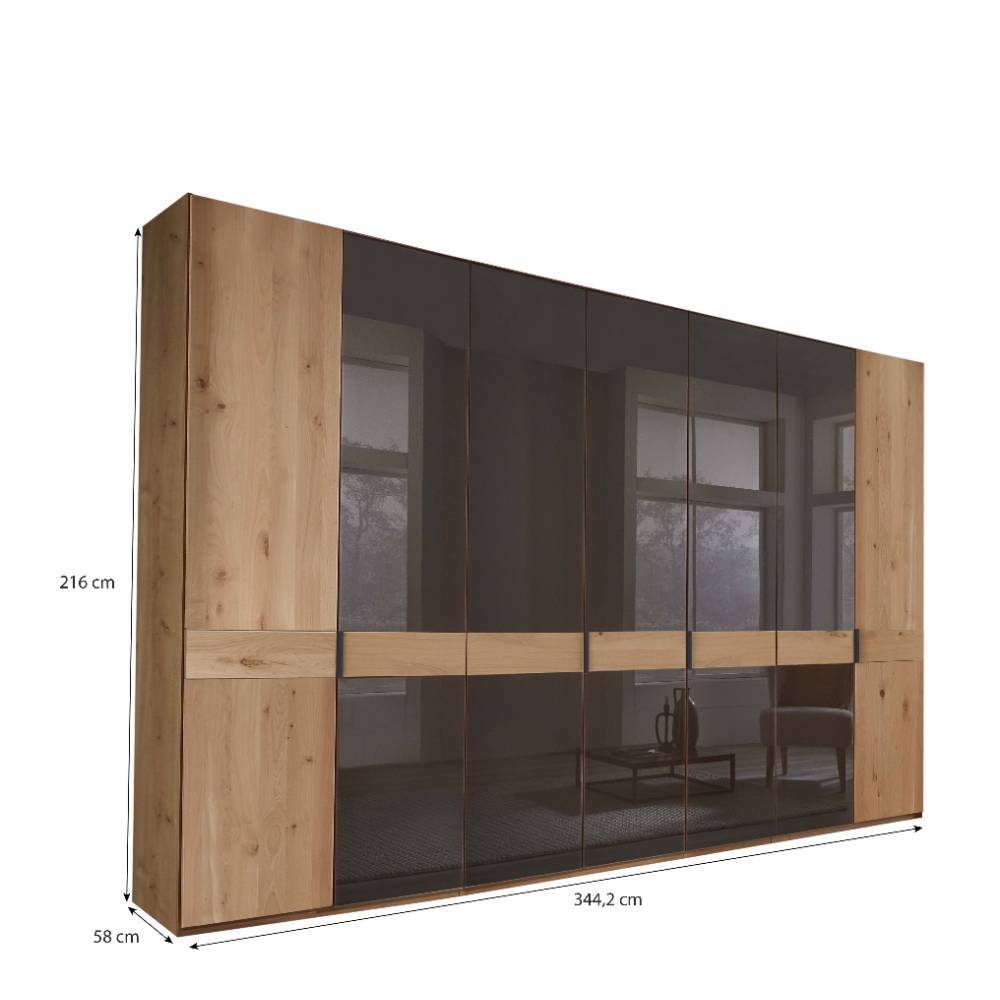 7-türiger Schlafzimmerschrank in Eiche Bianco mit Glasfronten und Maßen 216x344,2x58 cm – Vutonia